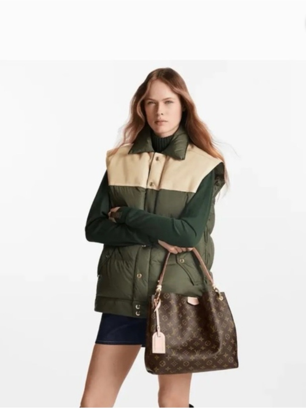 Louis Vuitton Olive Green and Cream Colorblock Puffer Vest